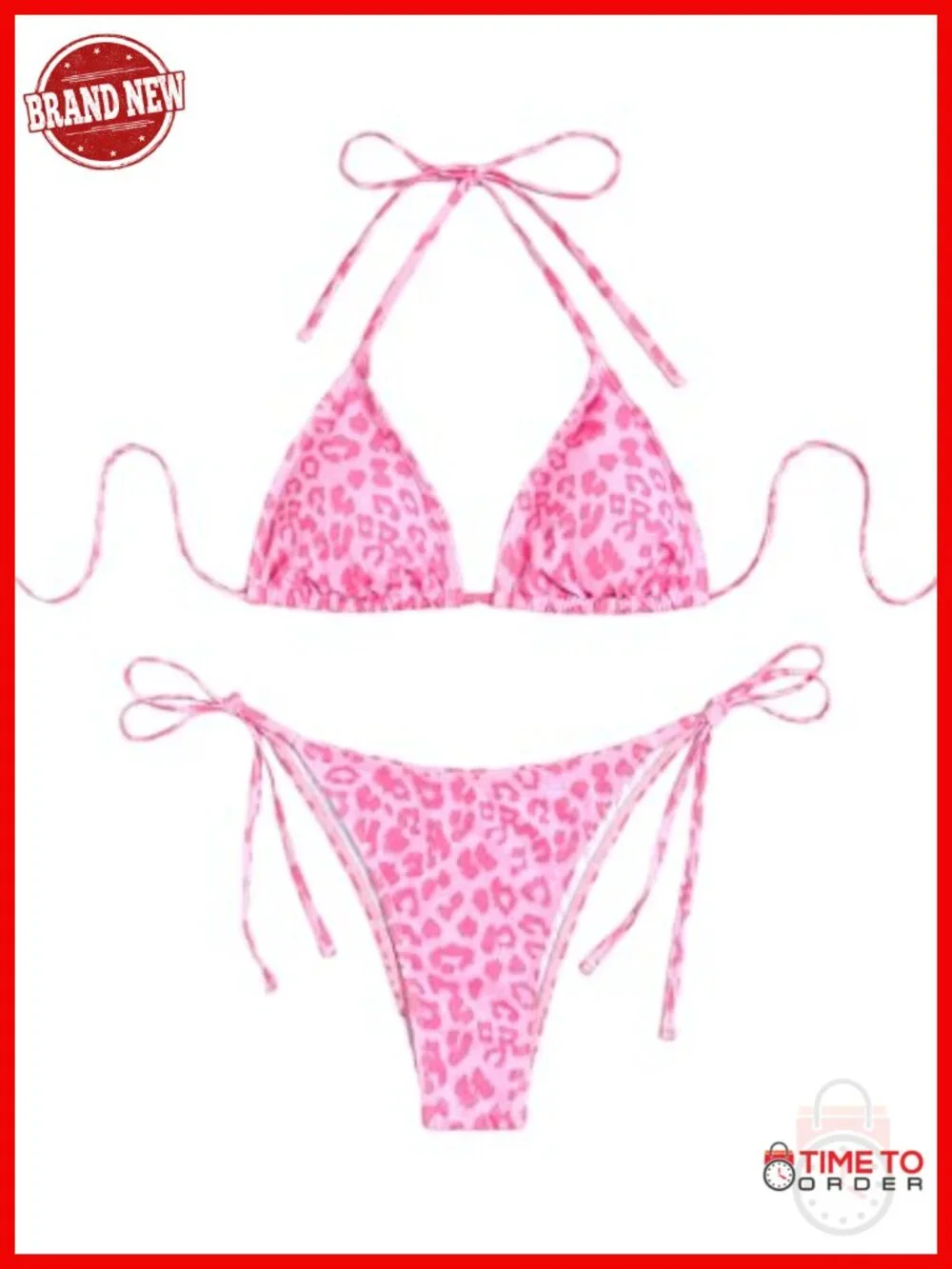 Printed Triangle Bikini Set - Halter Top, High Cut Side Tie Bottom, Quick Dry,